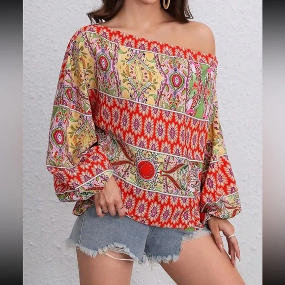 Boho floral print off shoulder lantern sleeve blouse - Picture 9 of 16